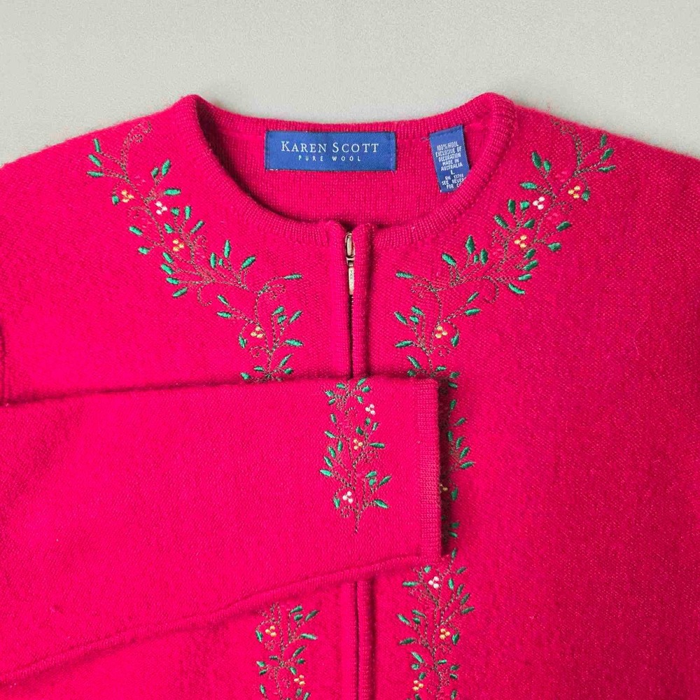 Karen Scott Pure Wool Cardigan Large Red Zip Front Embroidered Floral Australia